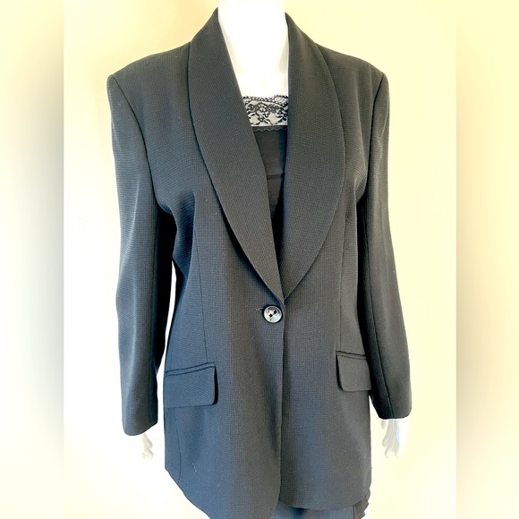 English Affinity Long Black Blazer & Mini Pencil Skirt 2 piece suit UK 14 US 10 - Picture 2 of 16